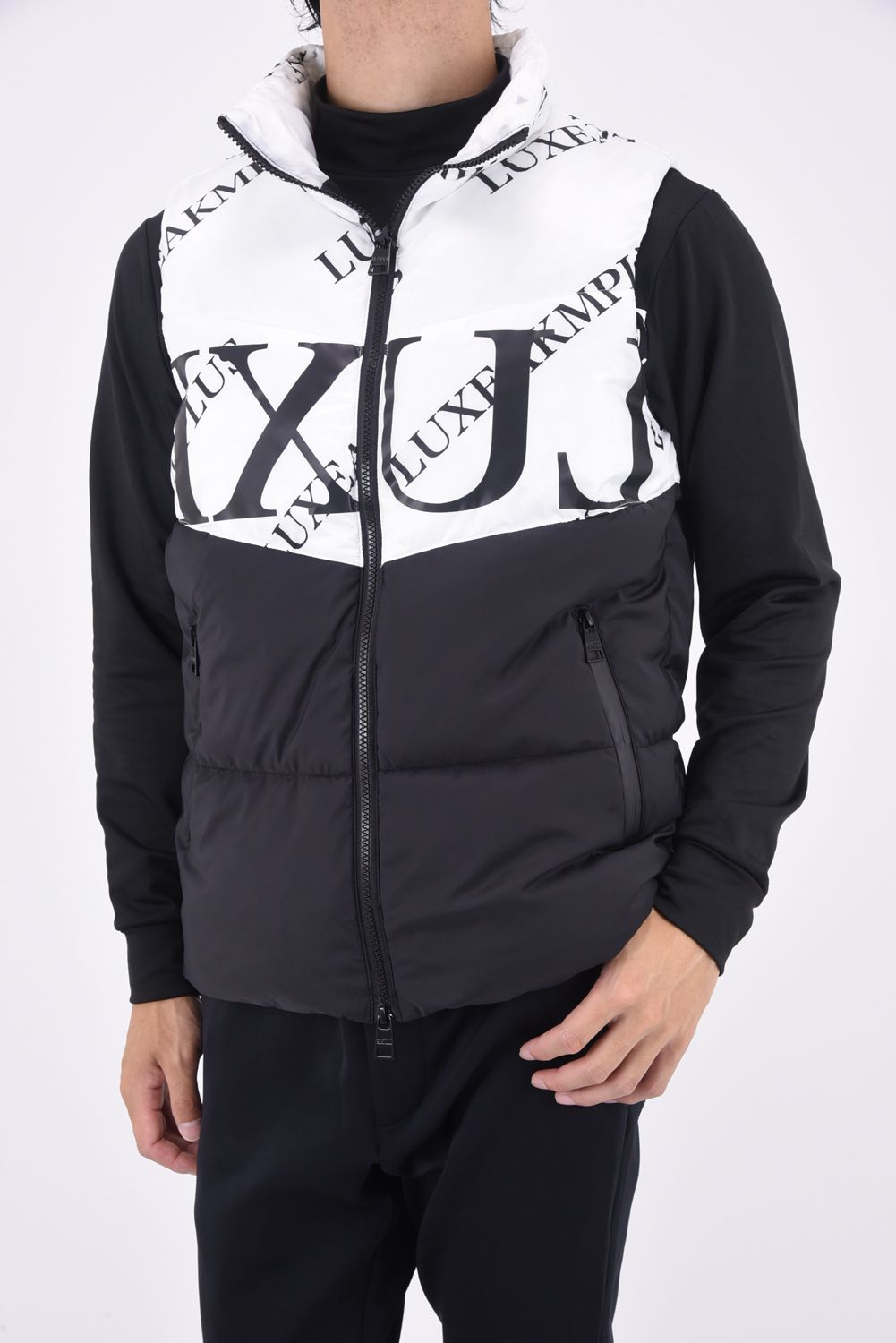 BICOLOR CIRCLE LOGO VEST / バイカラー 総柄 中綿ベスト (ホワイト/ブラック)