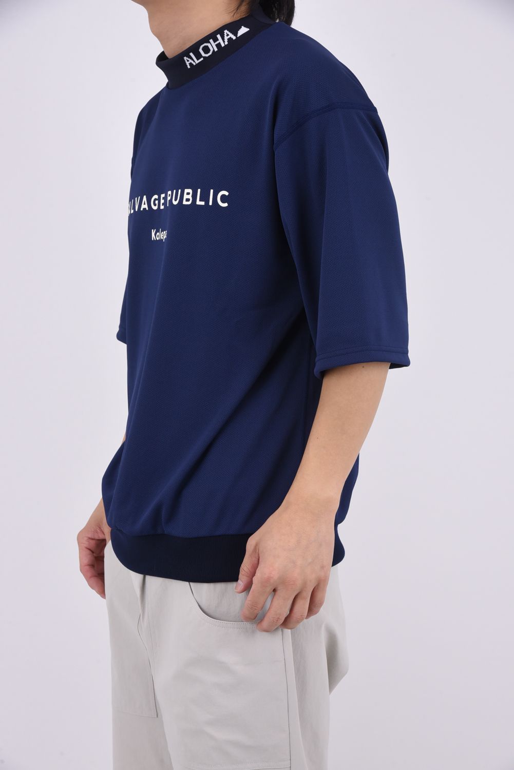 【26SS】 JQ Ribbed Mockneck S/S(EXELLENCE) / ブランドロゴ 裾リブ ハーフスリーブ モックネックTシャツ (ネイビー)