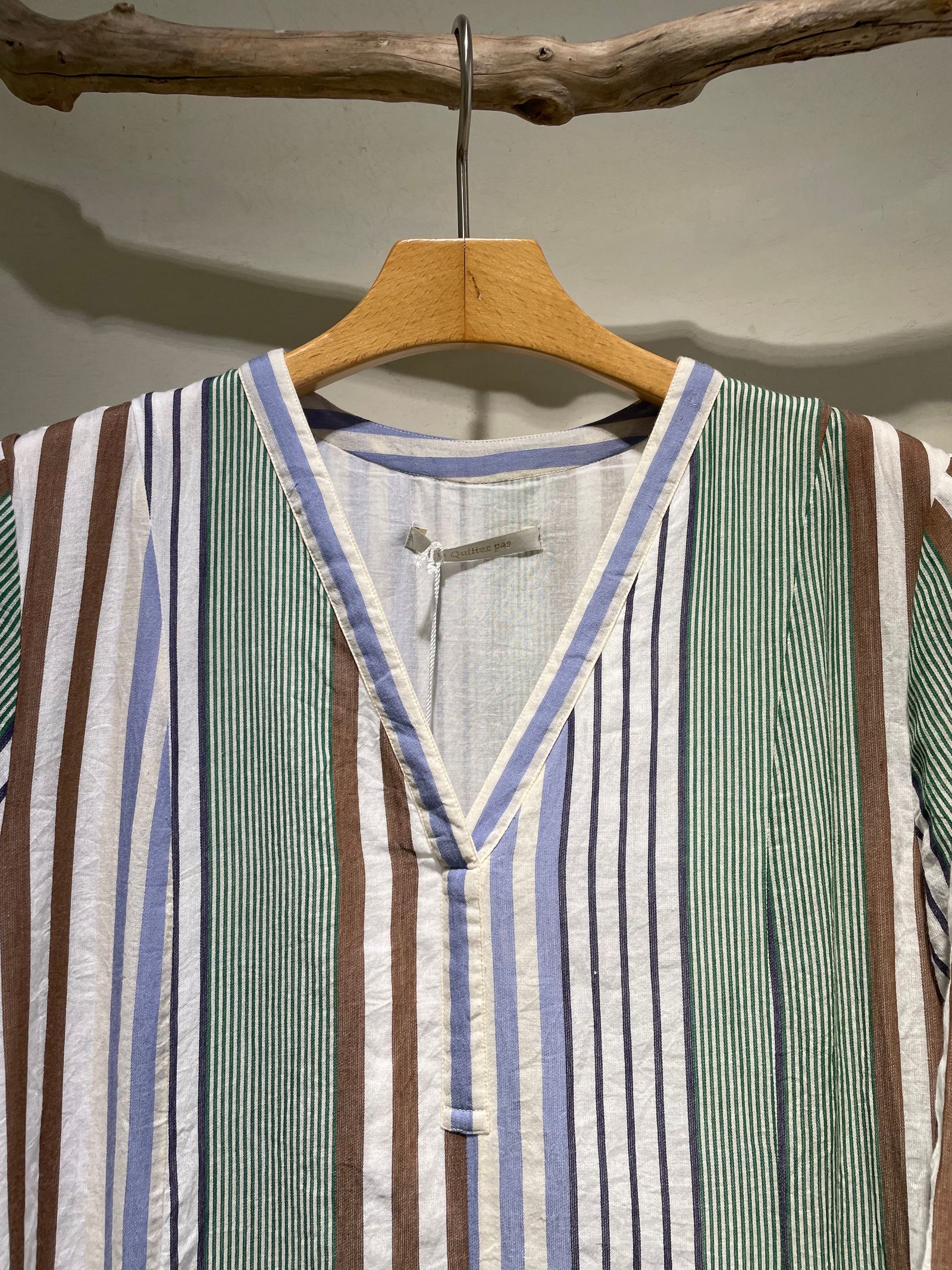 Cotton Voile Stripe Panel Dress / Vネックワンピース / ストライプ / グリーン