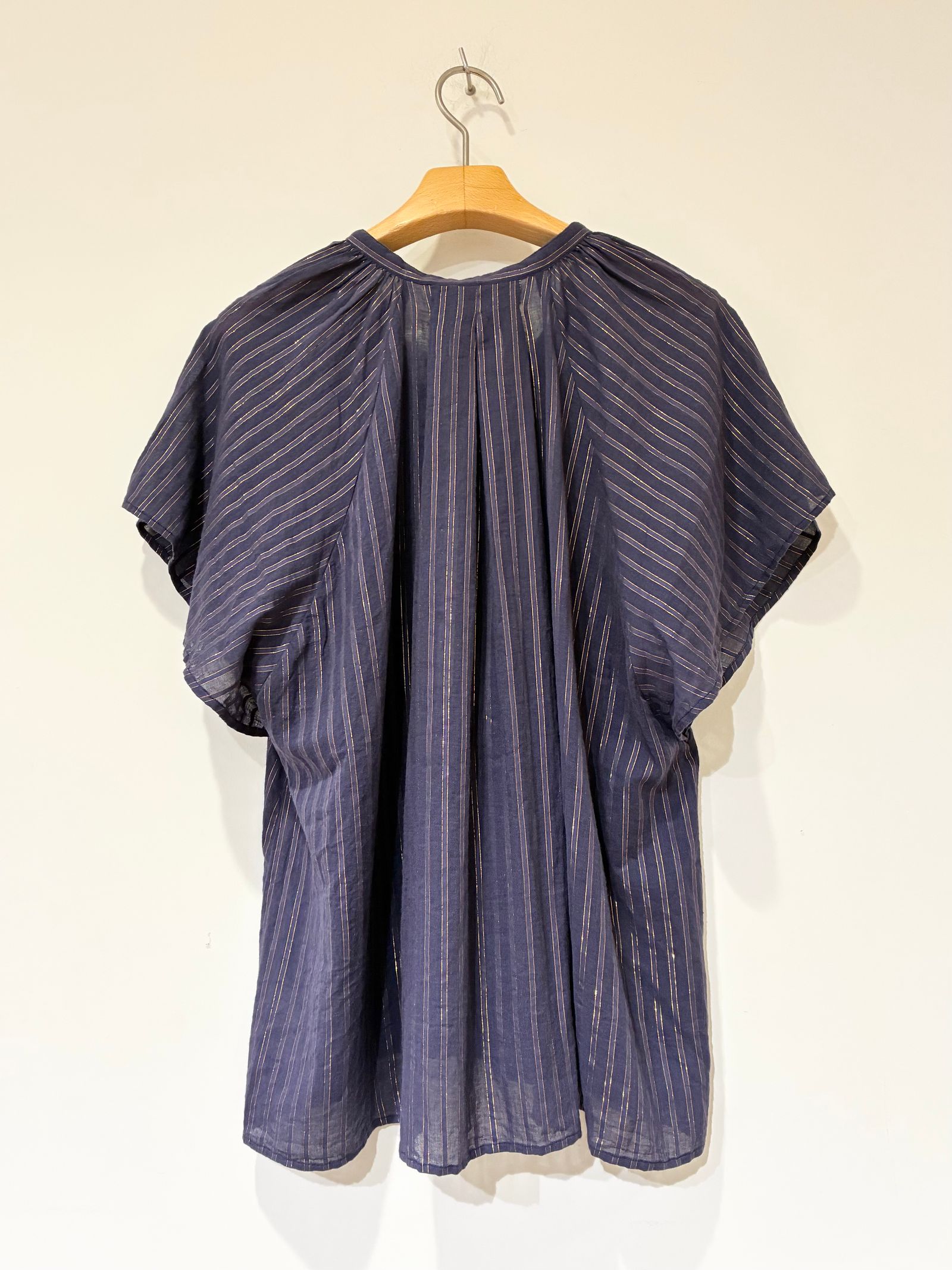 cotton lurexstripe frillsleeve blouse / レースストライプブラウス / ネイビー