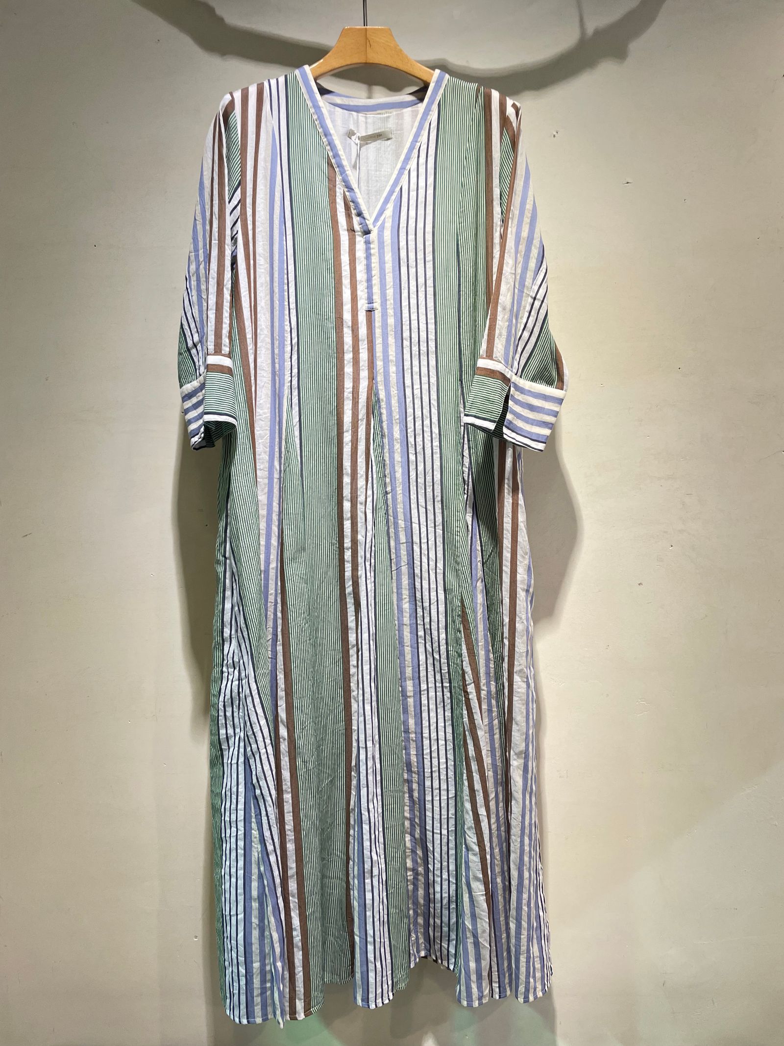 Cotton Voile Stripe Panel Dress / Vネックワンピース / ストライプ / グリーン