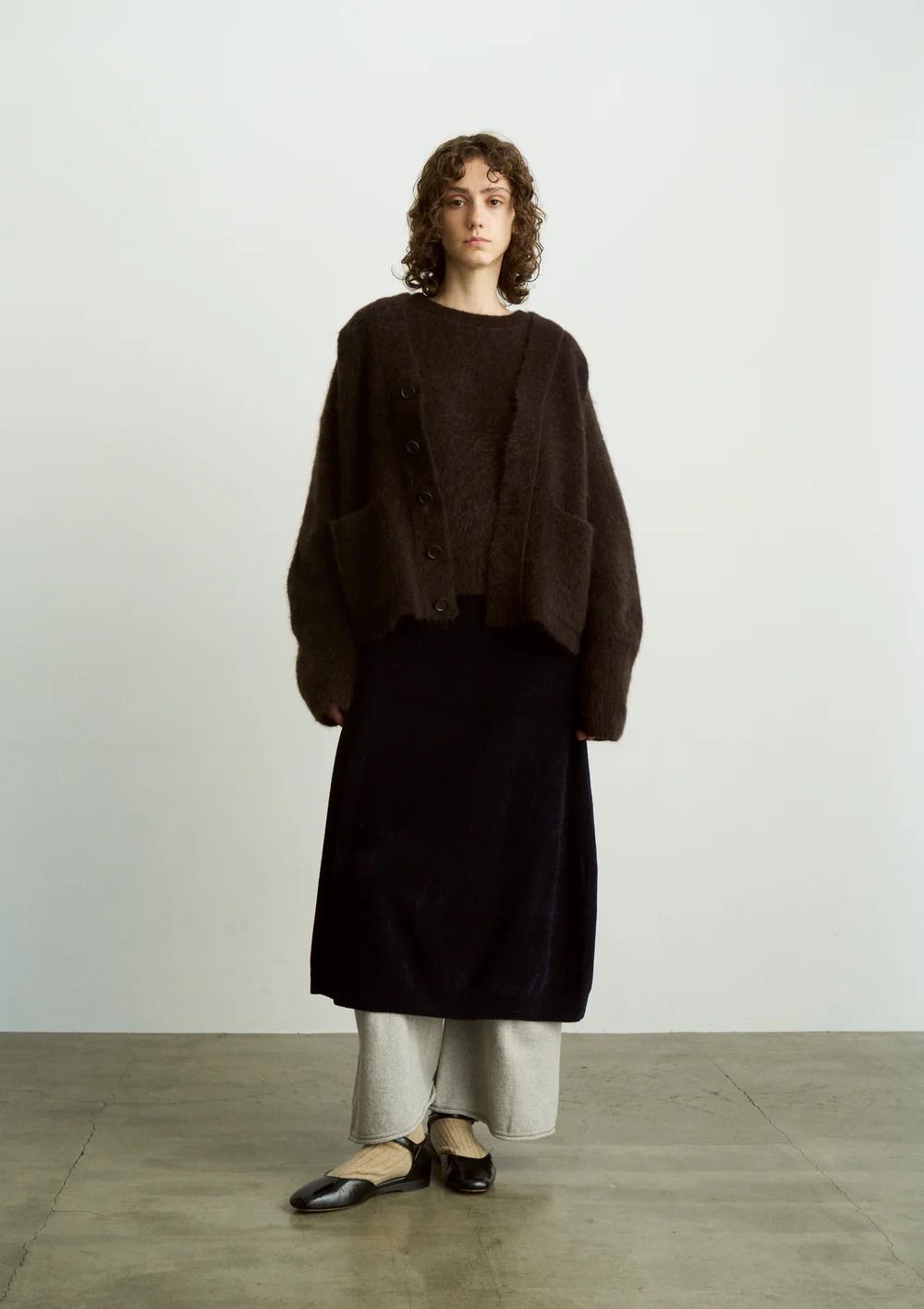 EX.SUPERFINE LAMBS WOOL & RAYON MOLE SKIRT / ニットフレアスカート / ネイビー