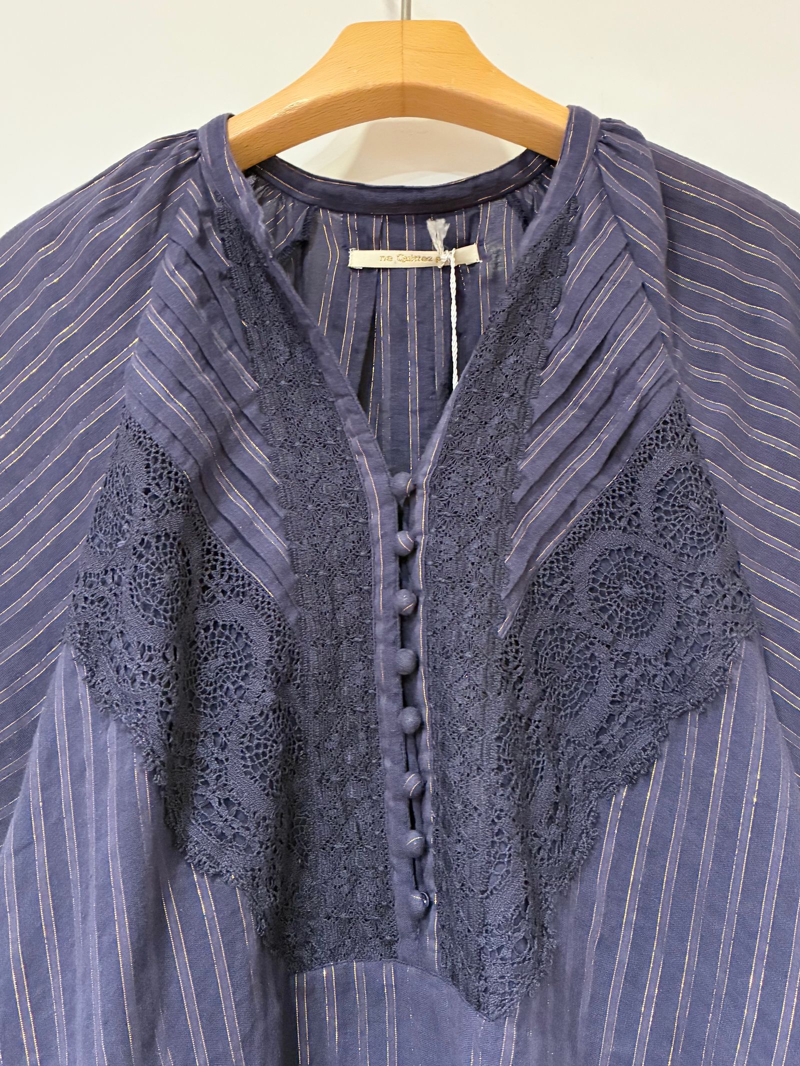 cotton lurexstripe frillsleeve blouse / レースストライプブラウス / ネイビー