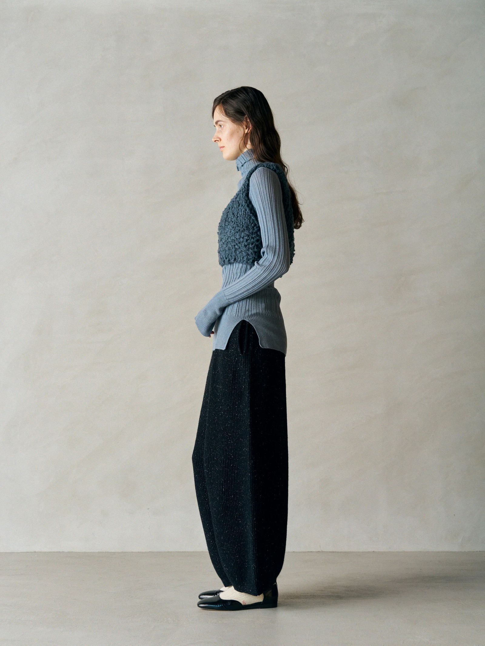 WOOLEN COTTON & SILK NEP WOOL TWEED-KNIT PANTS / ブラック