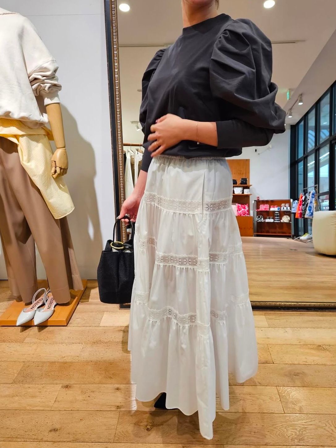 【ラスト1点】SHIRRING JERSEY BLOUSE / パフスリーブカットソー / ロンT / チャコールグレー