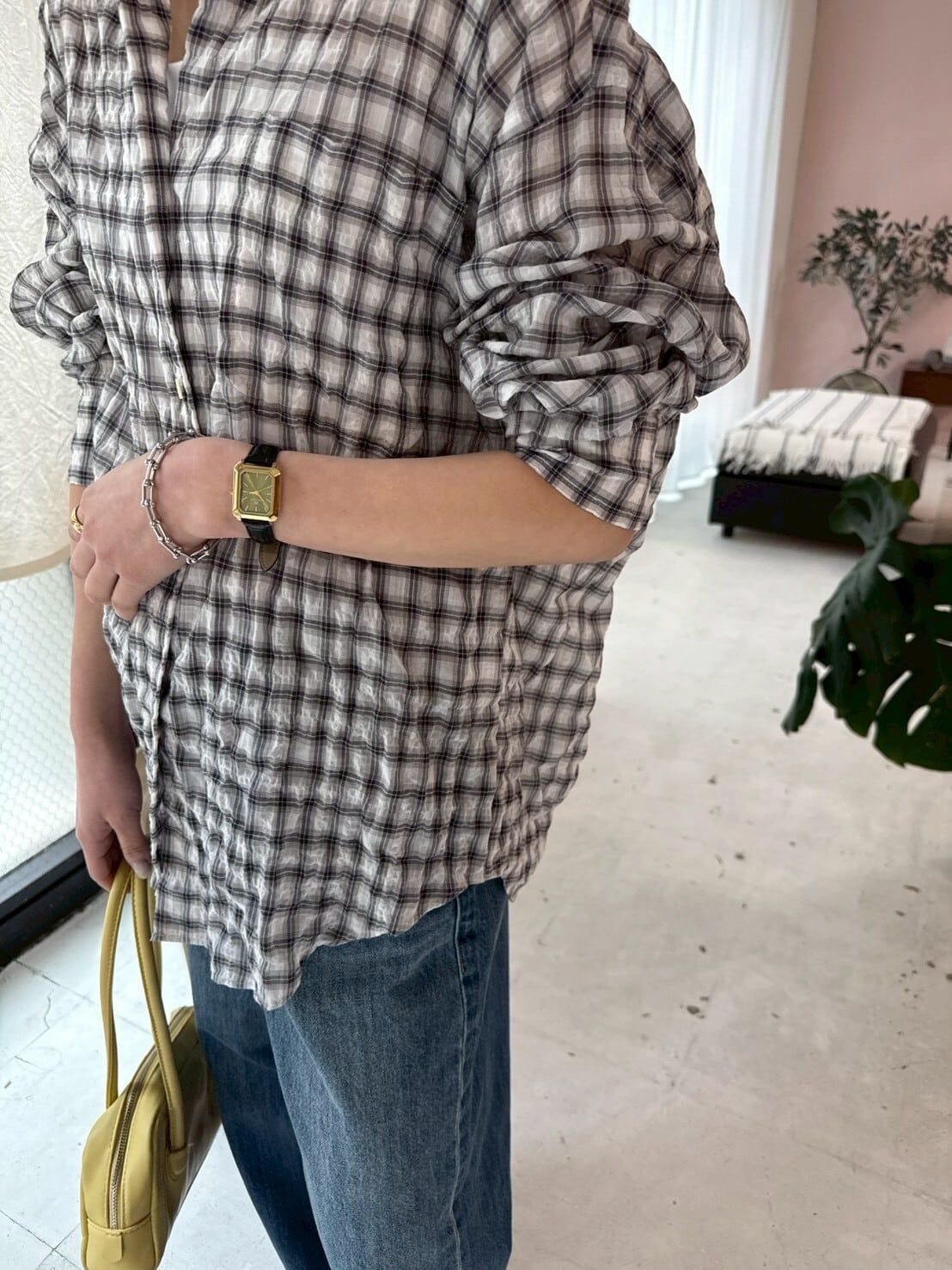 shirring check relax shirt / シャーリングチェックリラックスシャツ / チェックシャツ / ホワイト