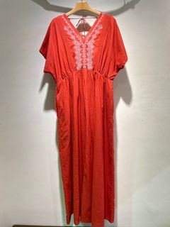 Cotton Dobby Cross Stitch Embroidery French Sleeve Dress / Vネックフレンチスリーブワンピース / レッド