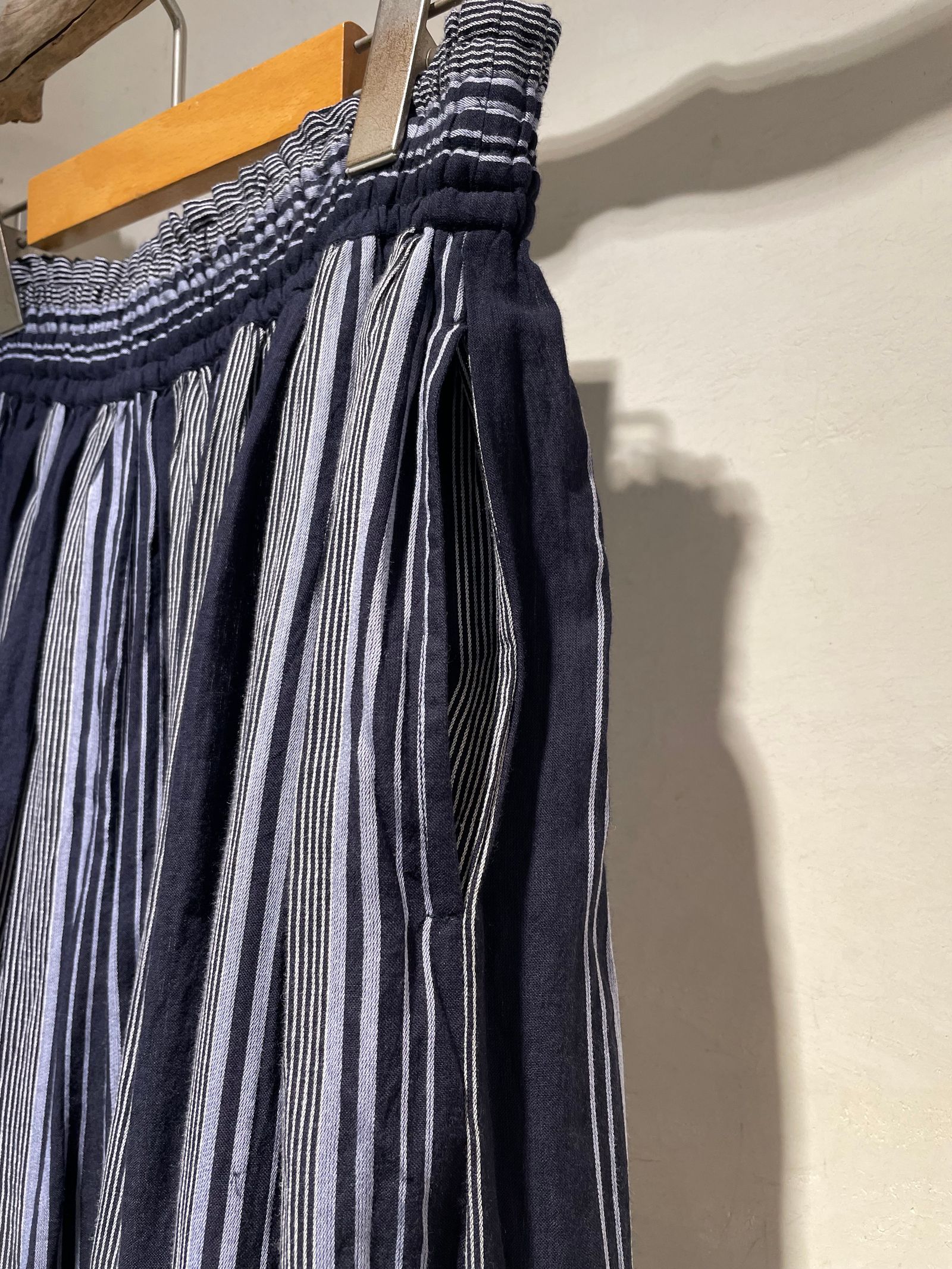 Cotton Voile Stripe Slant Panel Skirt / ギャザースカート / ストライプ / ネイビー