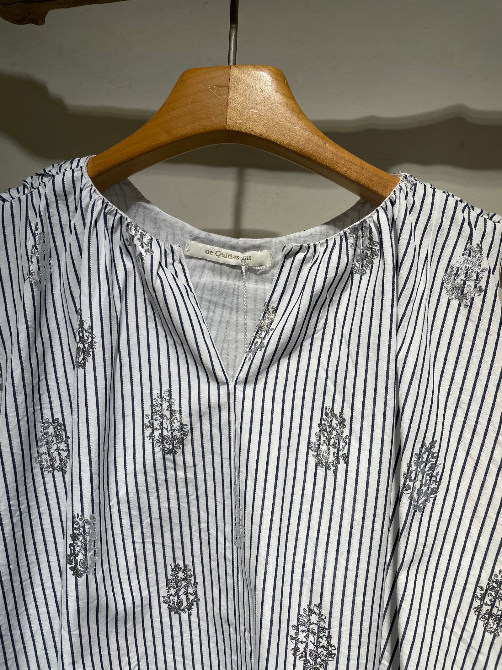Poplin Foil Print Balloon Top / バルーンブラウス / ストライプ / ホワイト