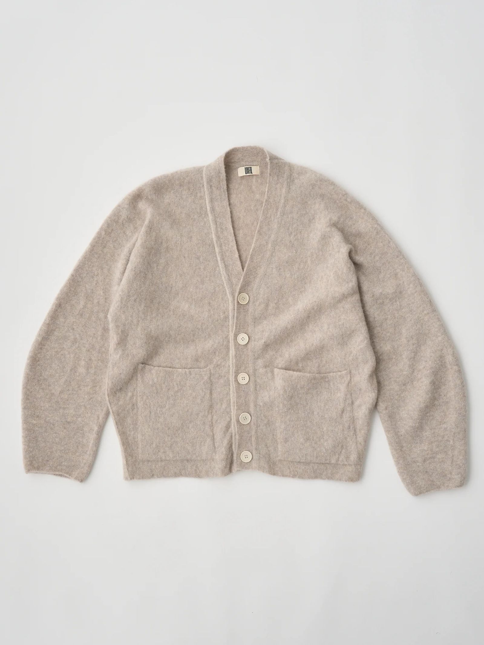 STRETCH SUPERKID MOHAIR V-NECK CARDIGAN / ニットカーディガン / グレー / ベージュ