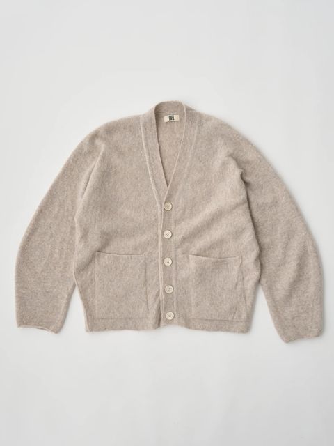 STRETCH SUPERKID MOHAIR V-NECK CARDIGAN / ニットカーディガン / グレー / ベージュ