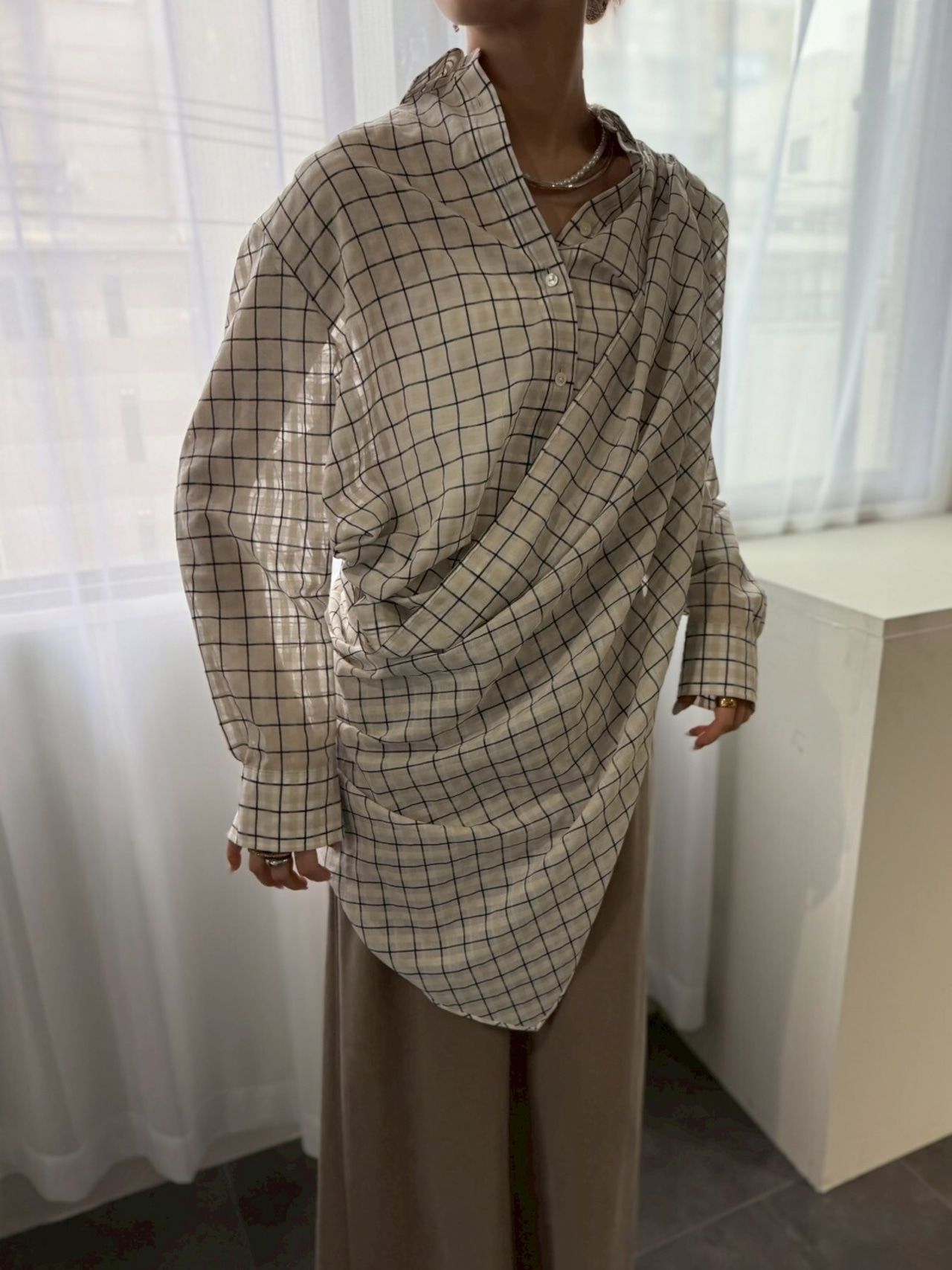 sheer check scarf shirt / シアーチェックスカーフシャツ / アイボリー