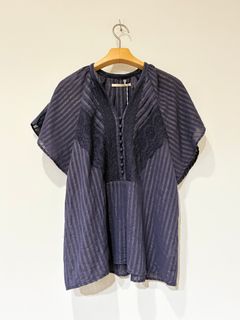 cotton lurexstripe frillsleeve blouse / レースストライプブラウス / ネイビー