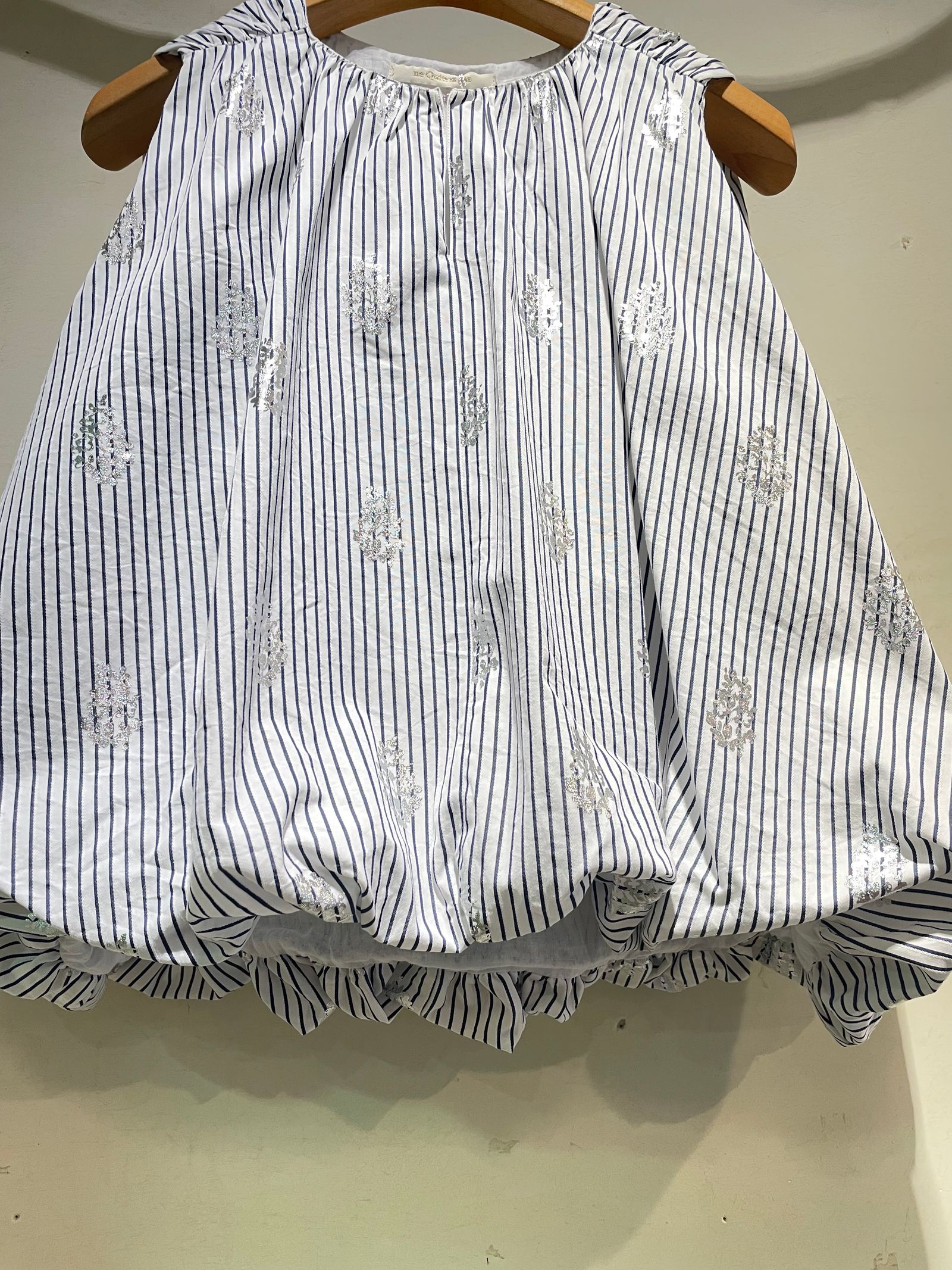 Poplin Foil Print Balloon Top / バルーンブラウス / ストライプ / ホワイト