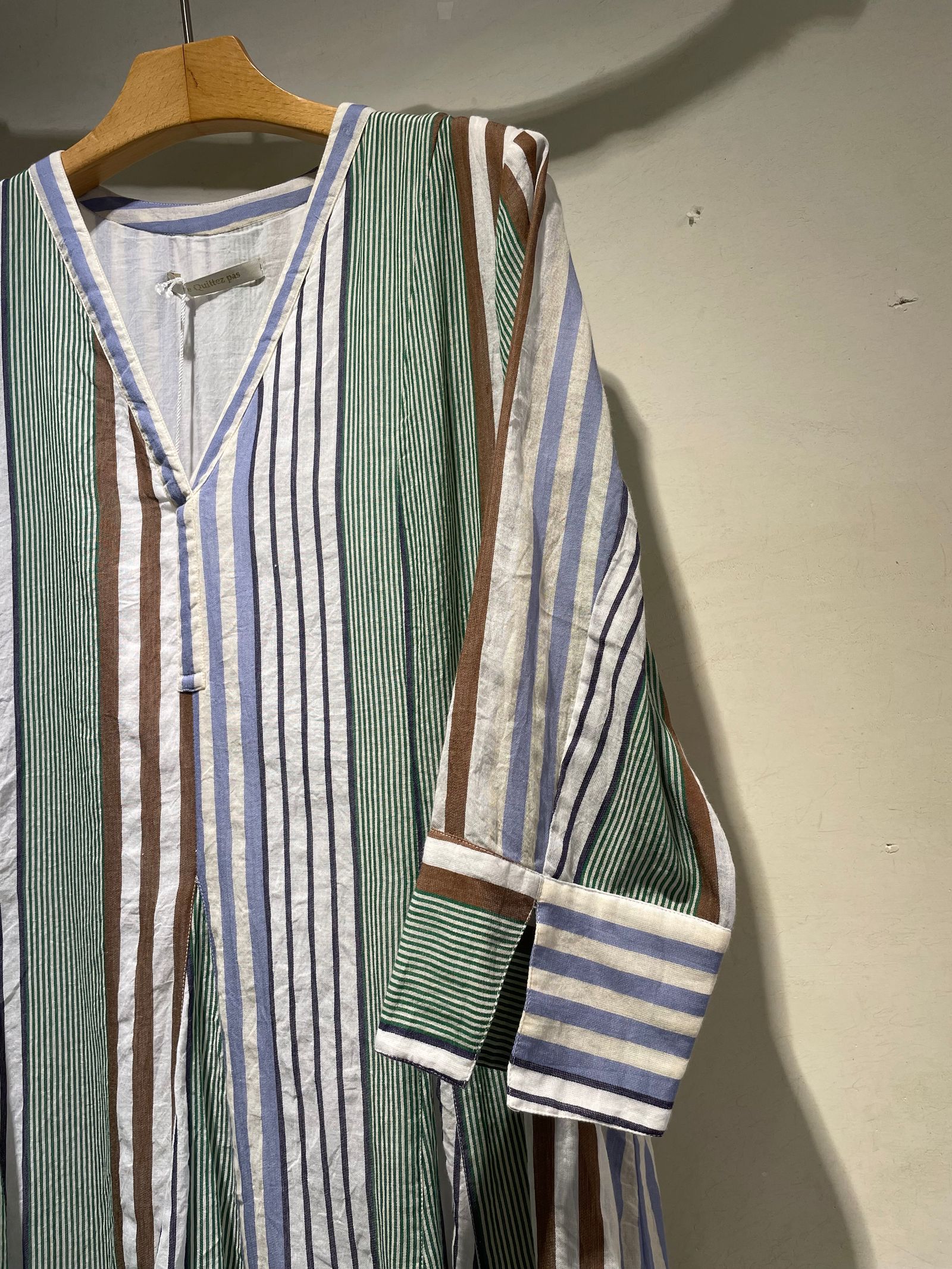Cotton Voile Stripe Panel Dress / Vネックワンピース / ストライプ / グリーン