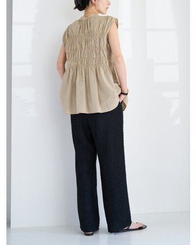 CHECKシャーリングフレンチBL / チェックシャーリングフレンチブラウス / ベージュ