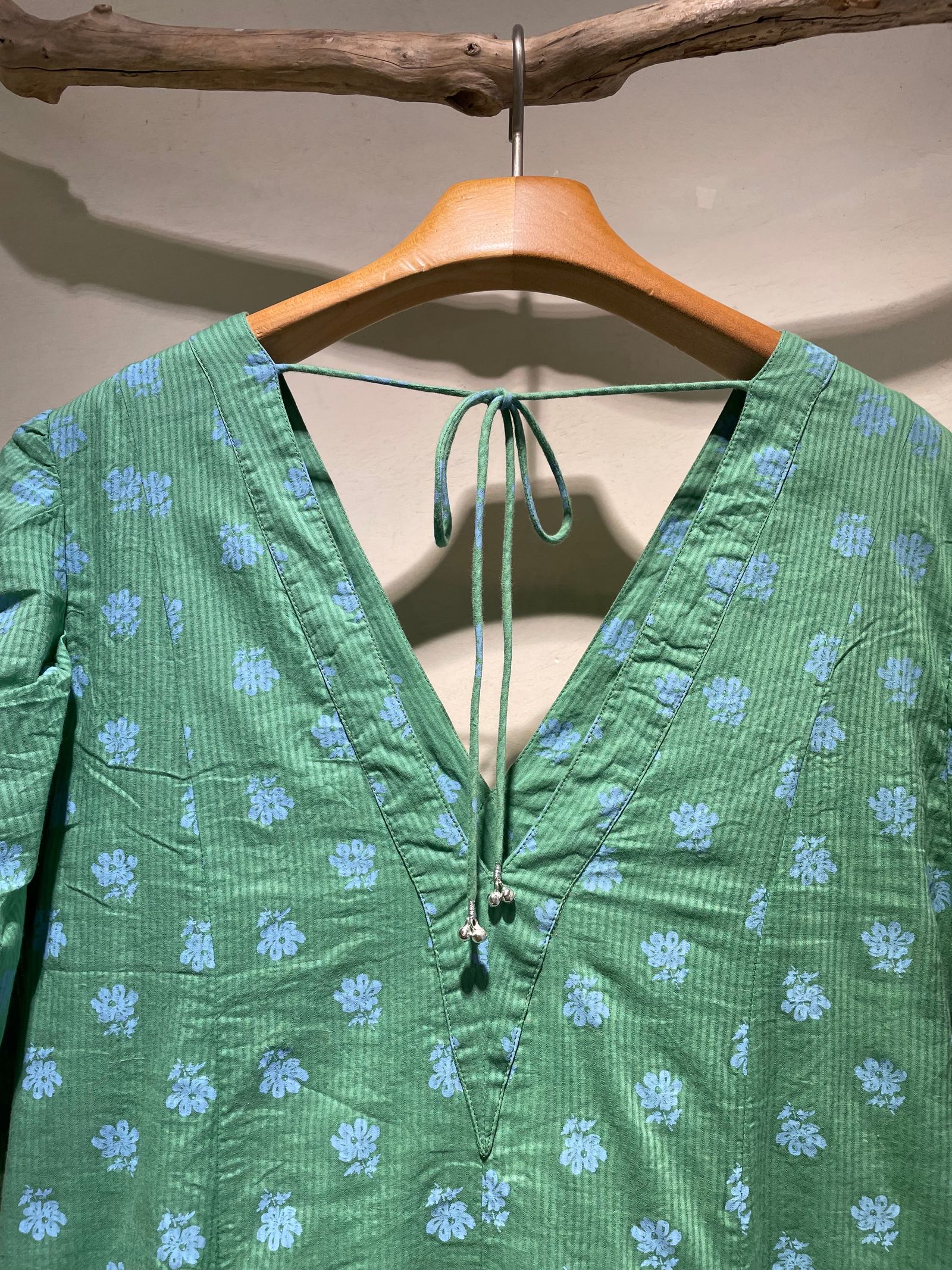 Cotton Dobby Stripe Anemone Print Gather Sleeve Dress / 花柄ギャザースリーブワンピース / グリーン