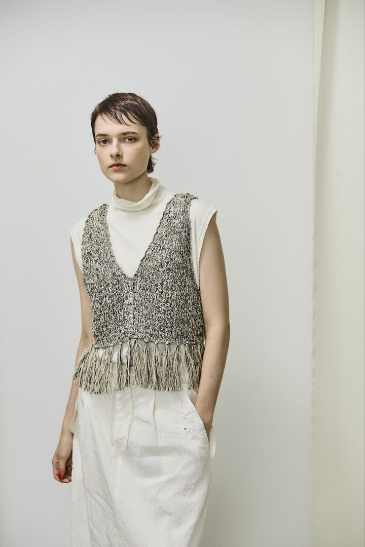 double honeycomb mesh fringed top / メッシュニットフリンジビスチェ / ブラック