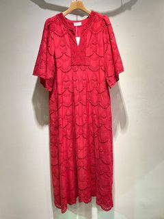 Cotton Voile Dot Hemla Dress / ドット刺繡ワンピース / 赤