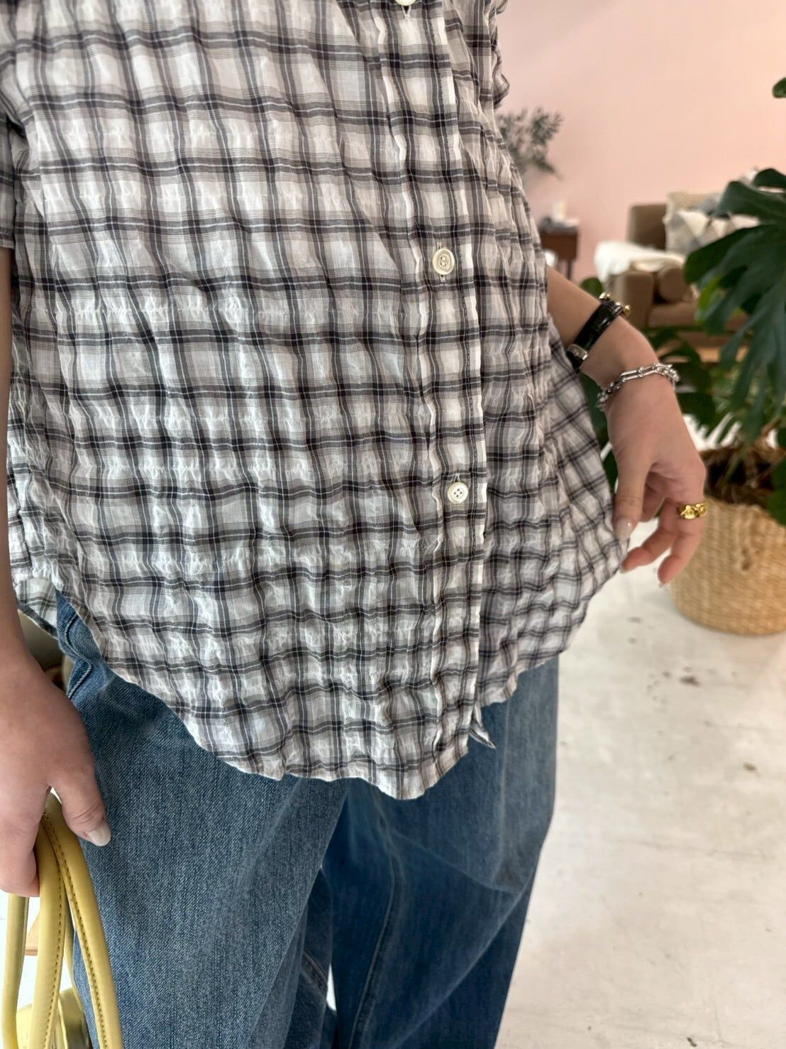 shirring check relax shirt / シャーリングチェックリラックスシャツ / チェックシャツ / ホワイト