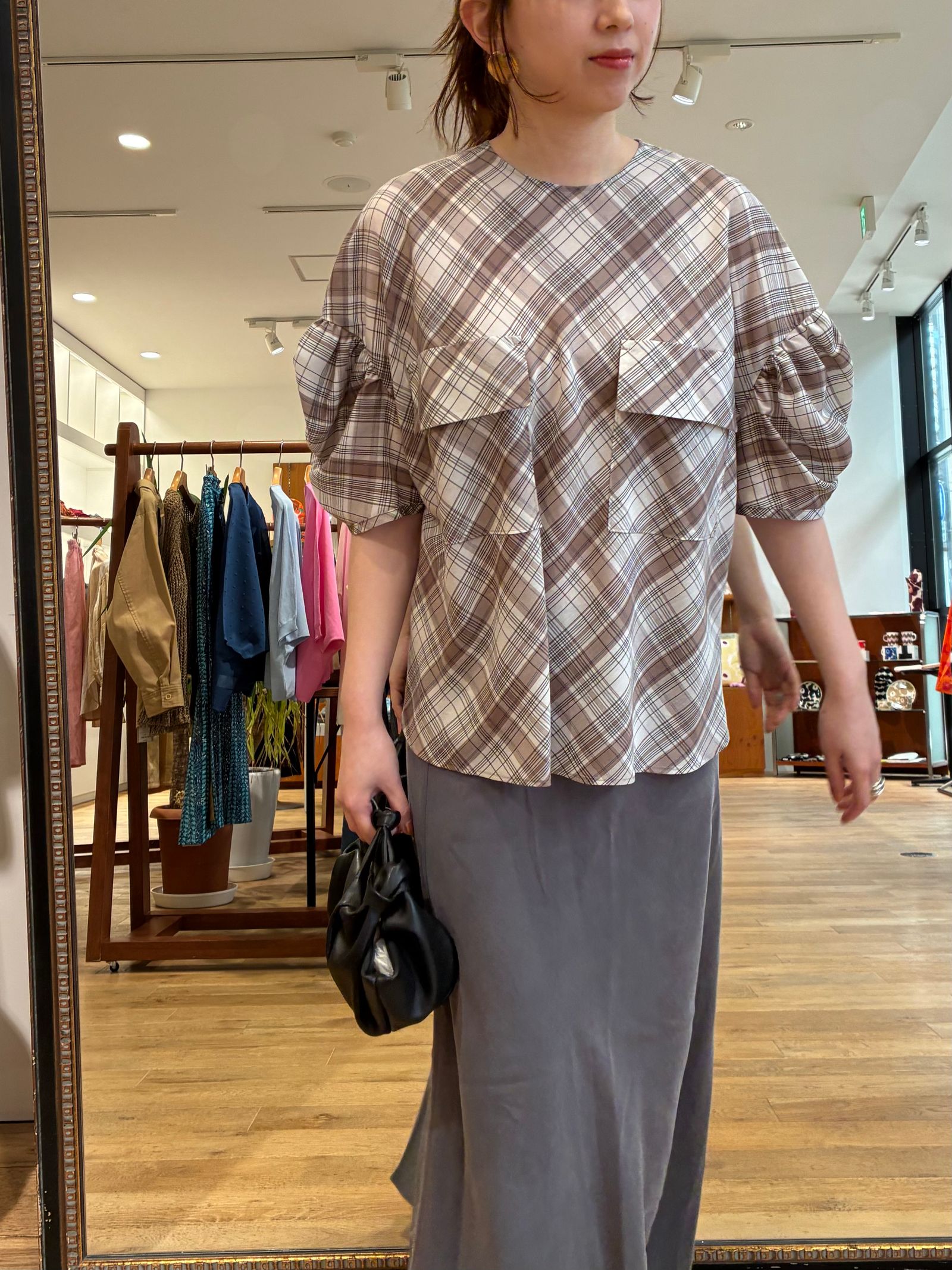 Sienna Glow Check Puff Blouse / パフスリーブチェックブラウス / ブラウン