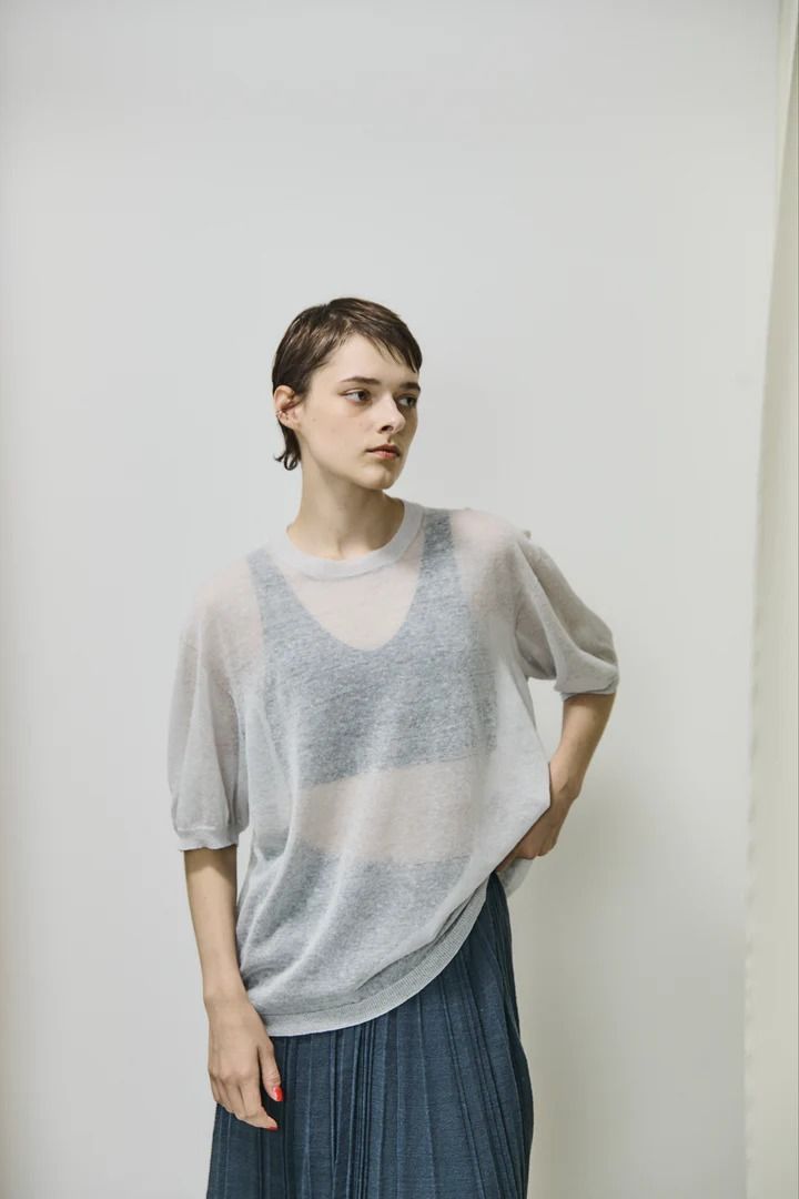 high-count linen oversized knit-Tee / シアーニット / グレー