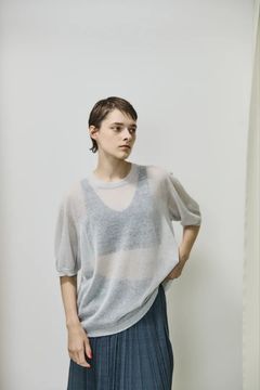 high-count linen oversized knit-Tee / シアーニット / グレー