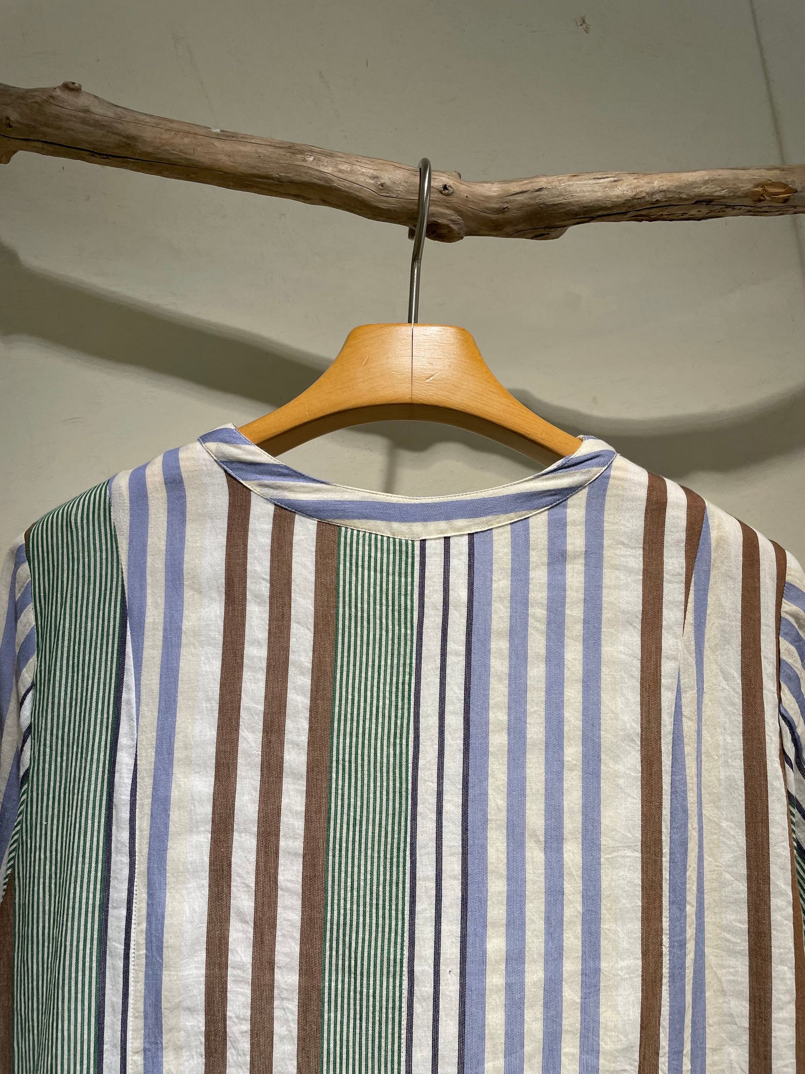 Cotton Voile Stripe Panel Dress / Vネックワンピース / ストライプ / グリーン