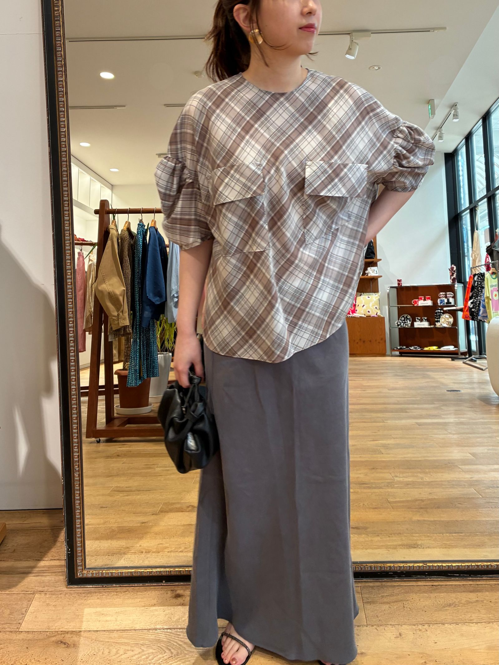 Sienna Glow Check Puff Blouse / パフスリーブチェックブラウス / ブラウン