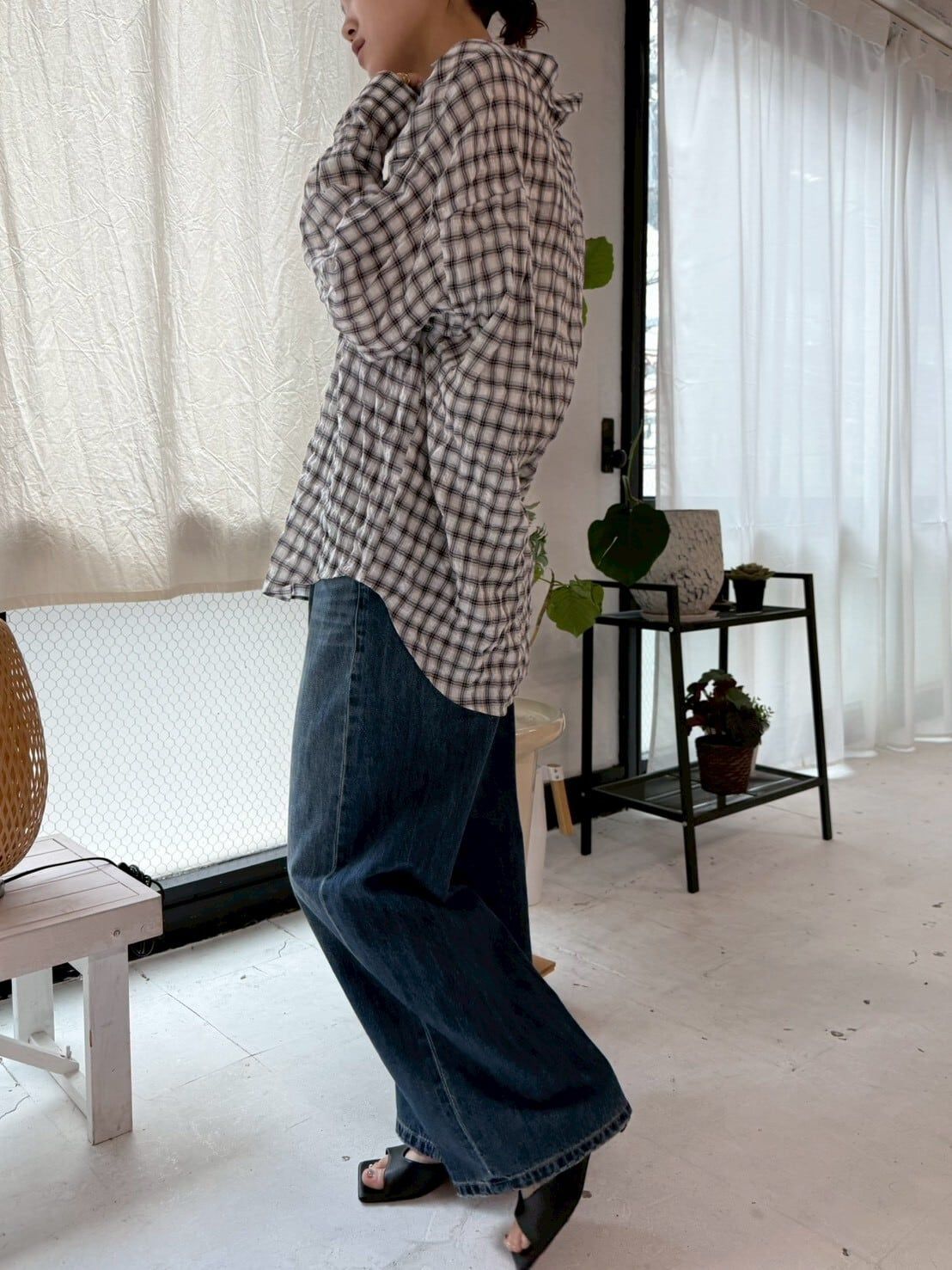 shirring check relax shirt / シャーリングチェックリラックスシャツ / チェックシャツ / ホワイト