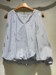 Poplin Foil Print Balloon Top / バルーンブラウス / ストライプ / ホワイト