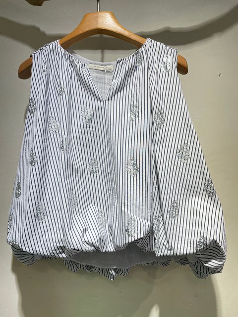 Poplin Foil Print Balloon Top / バルーンブラウス / ストライプ / ホワイト