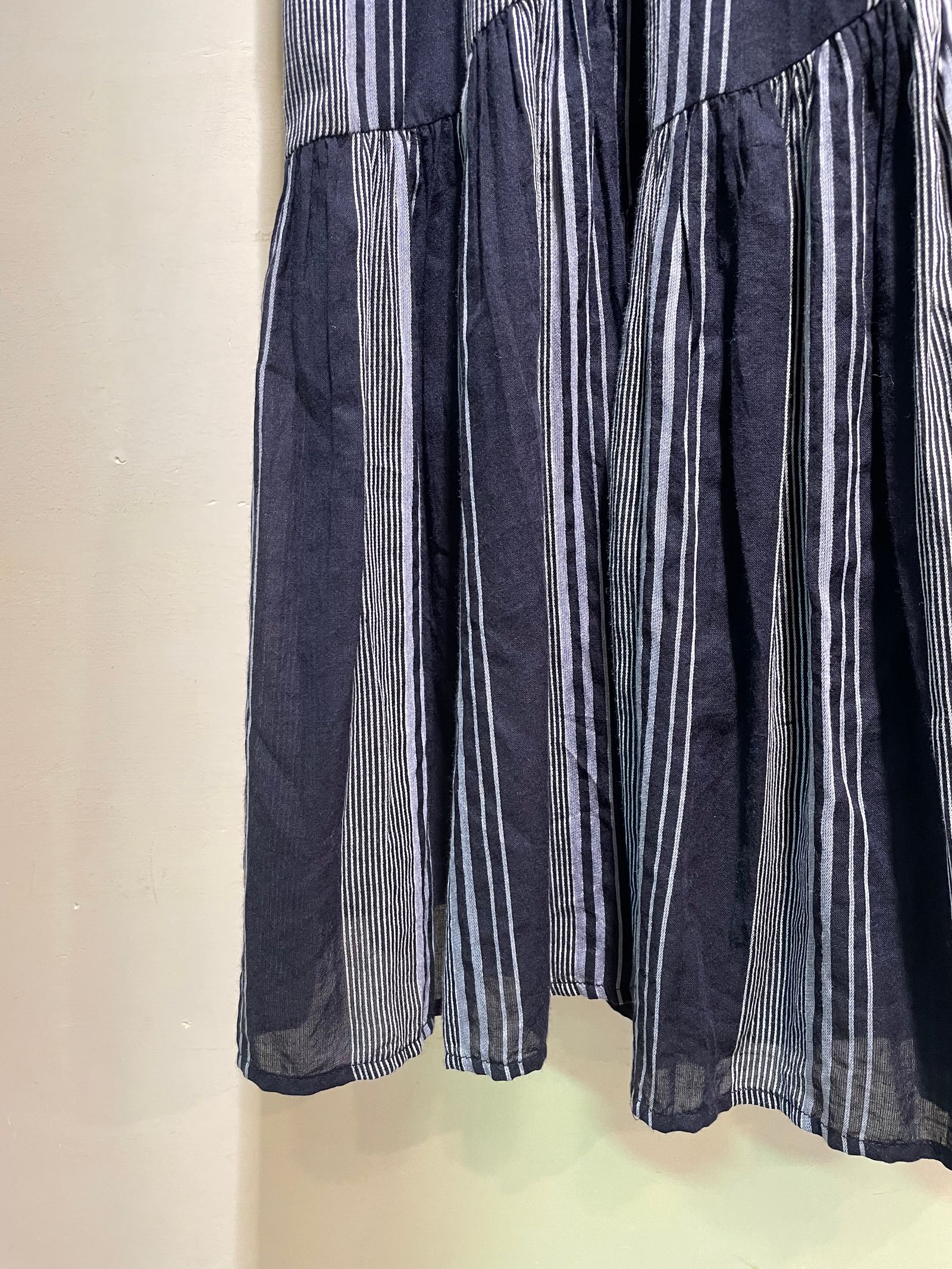Cotton Voile Stripe Slant Panel Skirt / ギャザースカート / ストライプ / ネイビー
