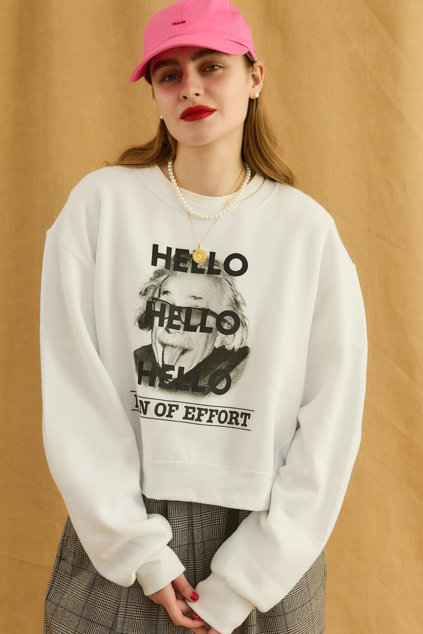 Oblada オブラダ アインシュタイン フォトプリント ロゴ刺繡 F ホワイト oblada - HELLO SWEAT / アインシュタイン / プリントスウェット