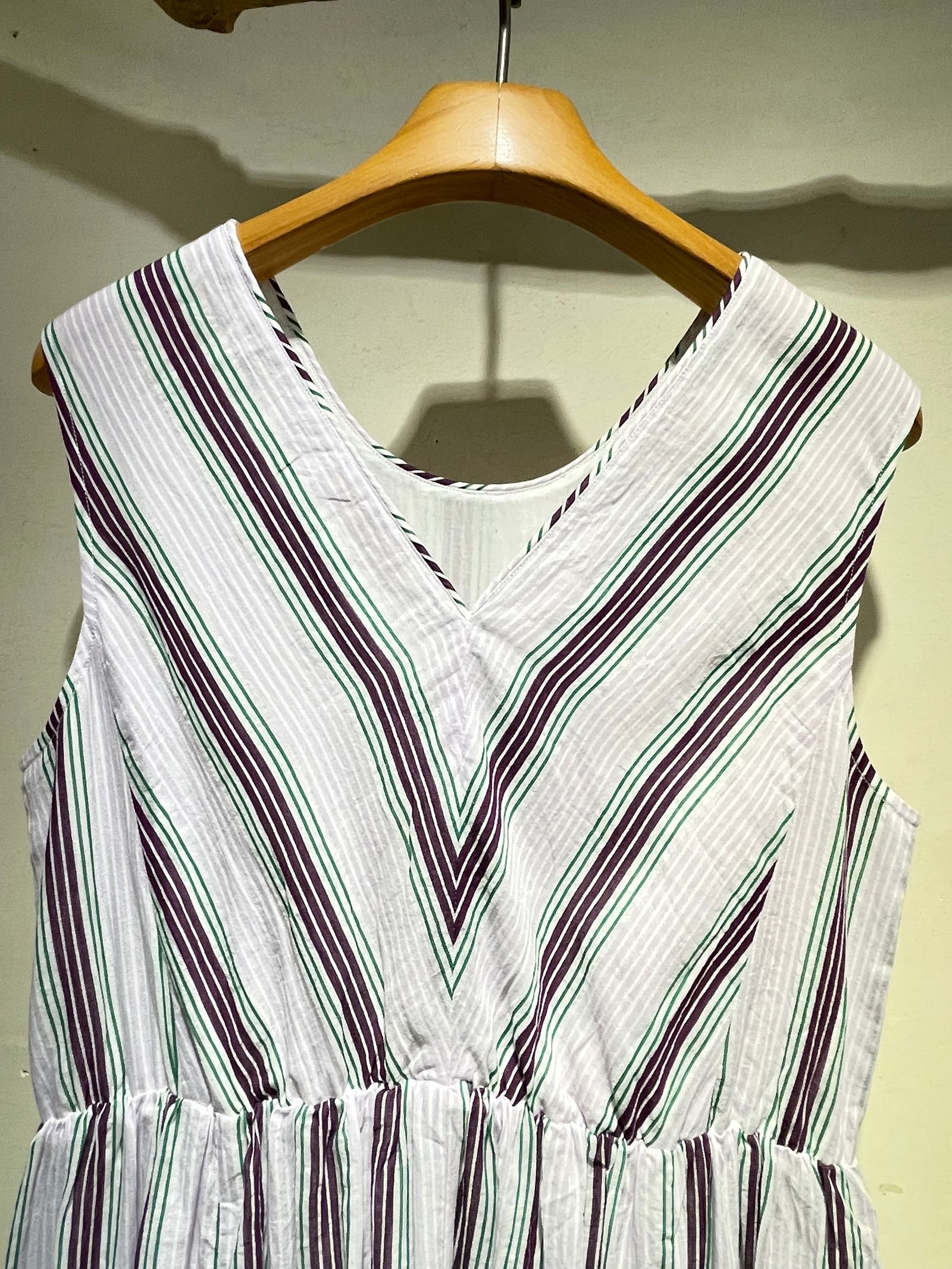 Cotton Voile Stripe Sleeveless Slant Panel Dress / ノースリーブワンピース/ ストライプ / ライラック / パープル