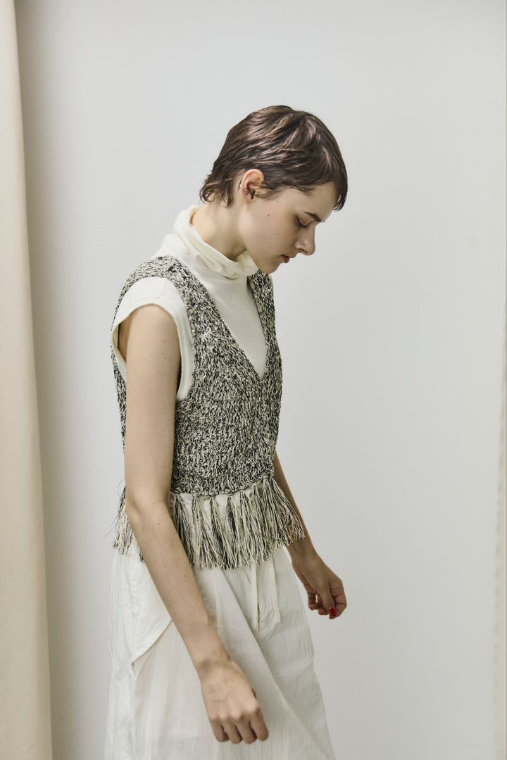double honeycomb mesh fringed top / メッシュニットフリンジビスチェ / ベージュ