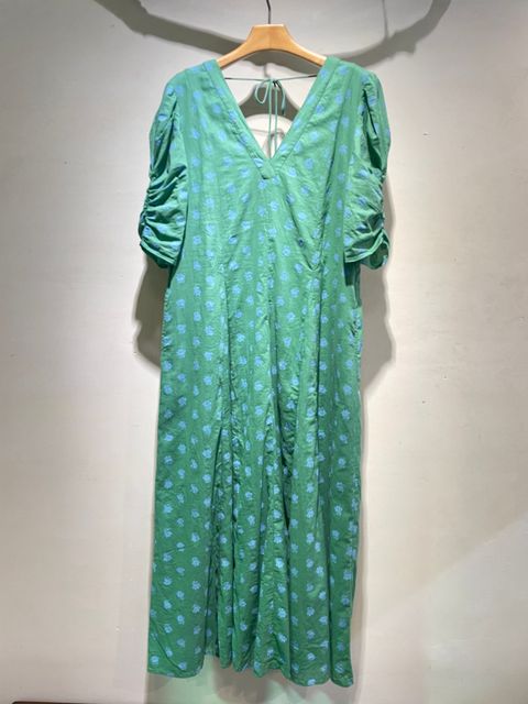 Cotton Dobby Stripe Anemone Print Gather Sleeve Dress / 花柄ギャザースリーブワンピース / グリーン
