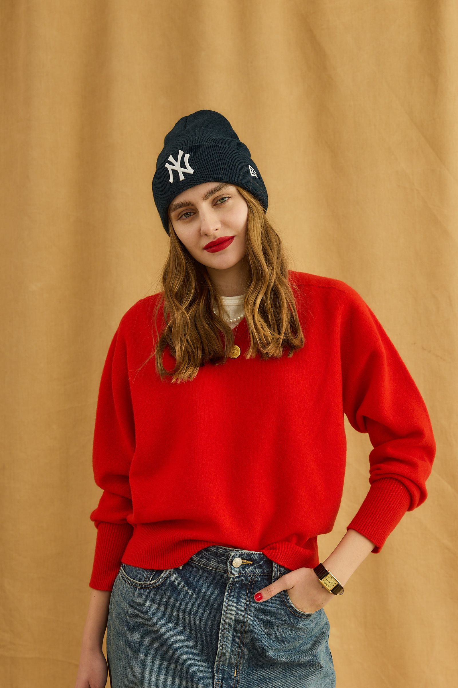 FILL V NECK KNIT / ハイゲージニット / レッド