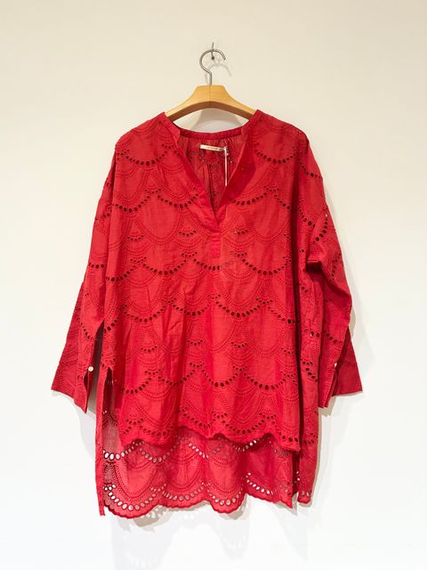 Cotton Voile Dot Hemla Blouse / スカラップ刺繍ブラウス / レッド