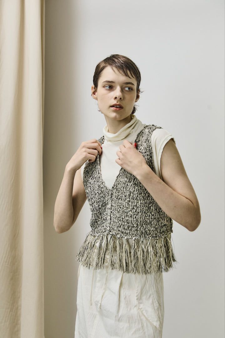 double honeycomb mesh fringed top / メッシュニットフリンジビスチェ / ベージュ
