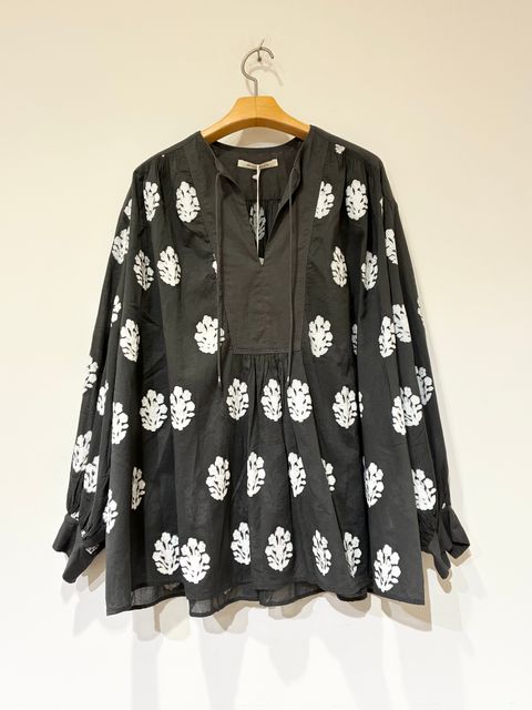 Cotton Voile Sedum Foil Print Gather Blouse / ボタニカルプリントギャザーブラウス / チャコールグレー
