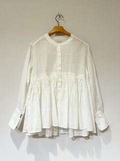 Cotton Organza Tuck Blouse / ノーカラーピンタックブラウス / ホワイト