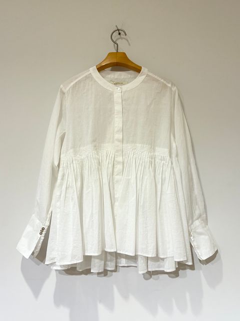Cotton Organza Tuck Blouse / ノーカラーピンタックブラウス / ホワイト