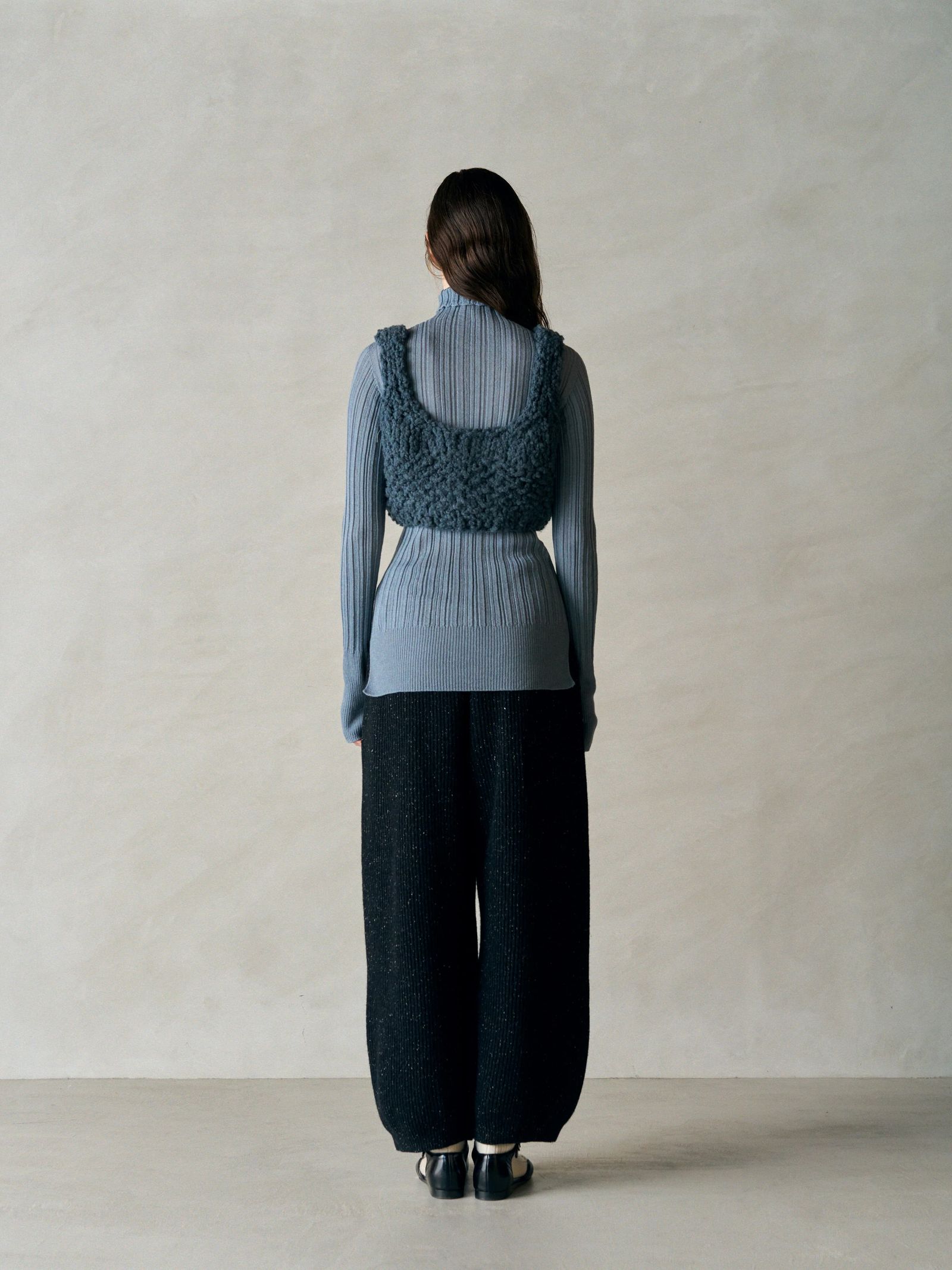 WOOLEN COTTON & SILK NEP WOOL TWEED-KNIT PANTS / ブラック