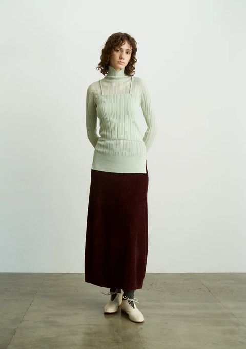 EX.SUPERFINE LAMBS WOOL & RAYON MOLE SKIRT / ニットフレアスカート / バーガンディ / ボルドー