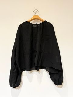 リネンボイルブラウス / 前開きノーカラーブラウス / ブラック