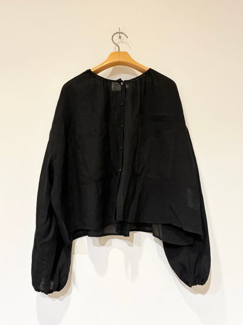 リネンボイルブラウス / 前開きノーカラーブラウス / ブラック