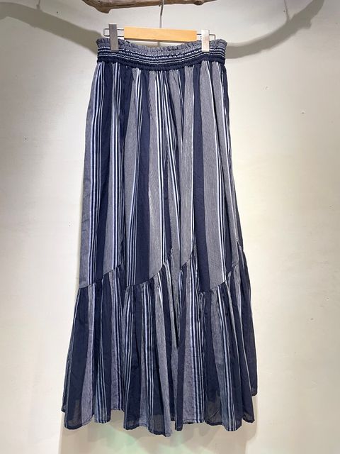 Cotton Voile Stripe Slant Panel Skirt / ギャザースカート / ストライプ / ネイビー