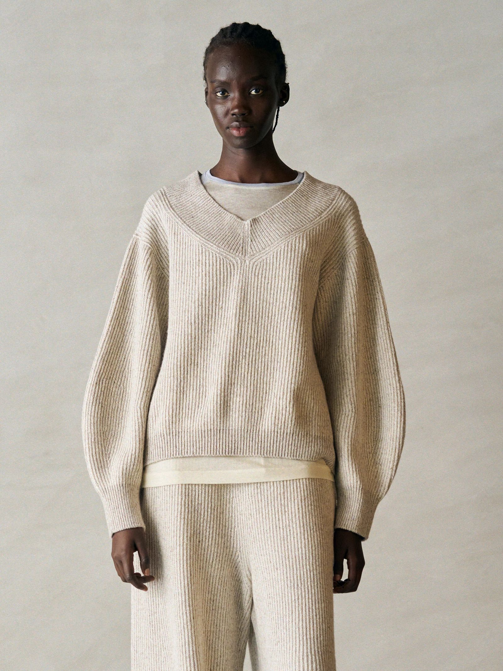 WOOLEN COTTON & SILK NEP WOOL TWEED-KNIT P/O / グレージュ