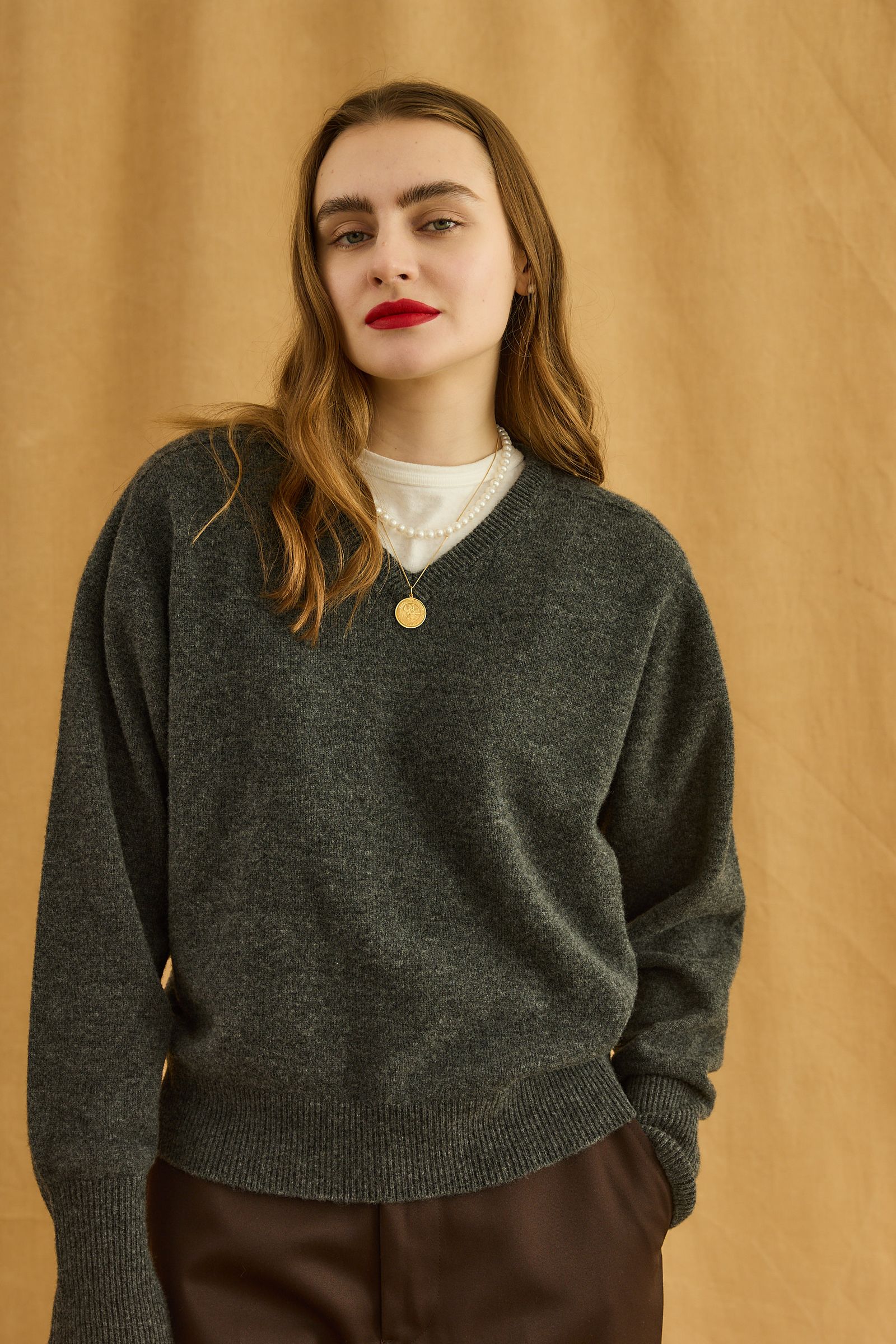 FILL V NECK KNIT / ハイゲージニット / グレー